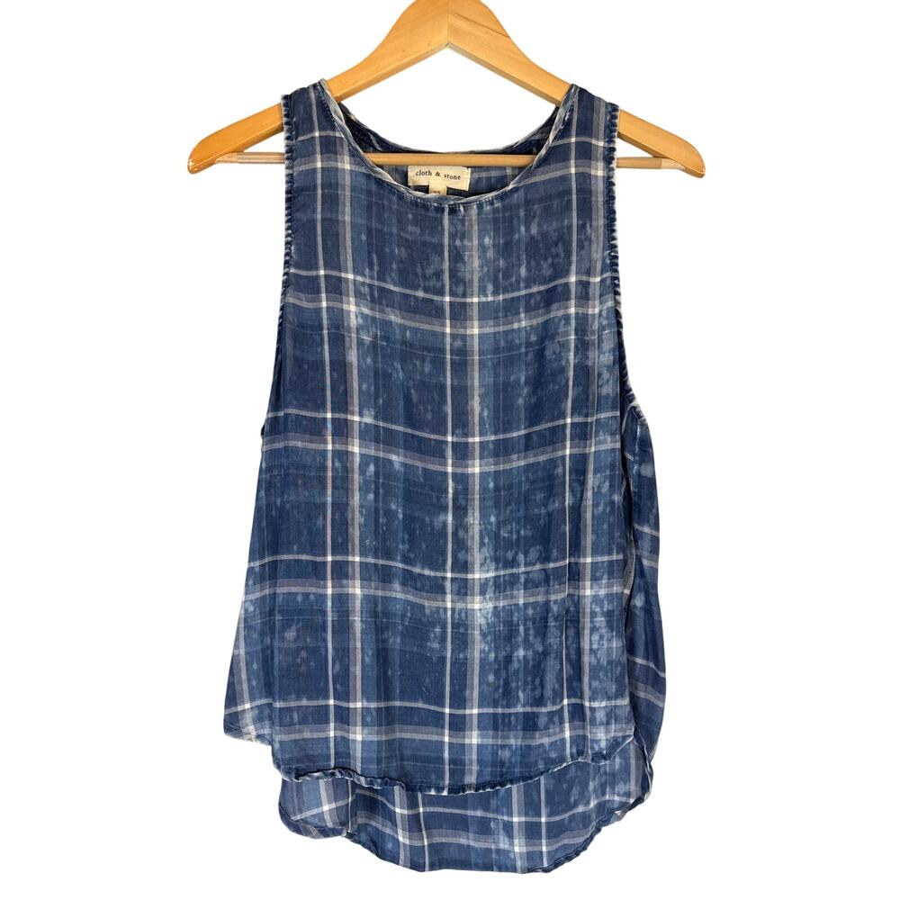 Anthropologie Cloth & Stone Plaid Tank Top XS Blue 100% Tencel Sleeveless Summer
